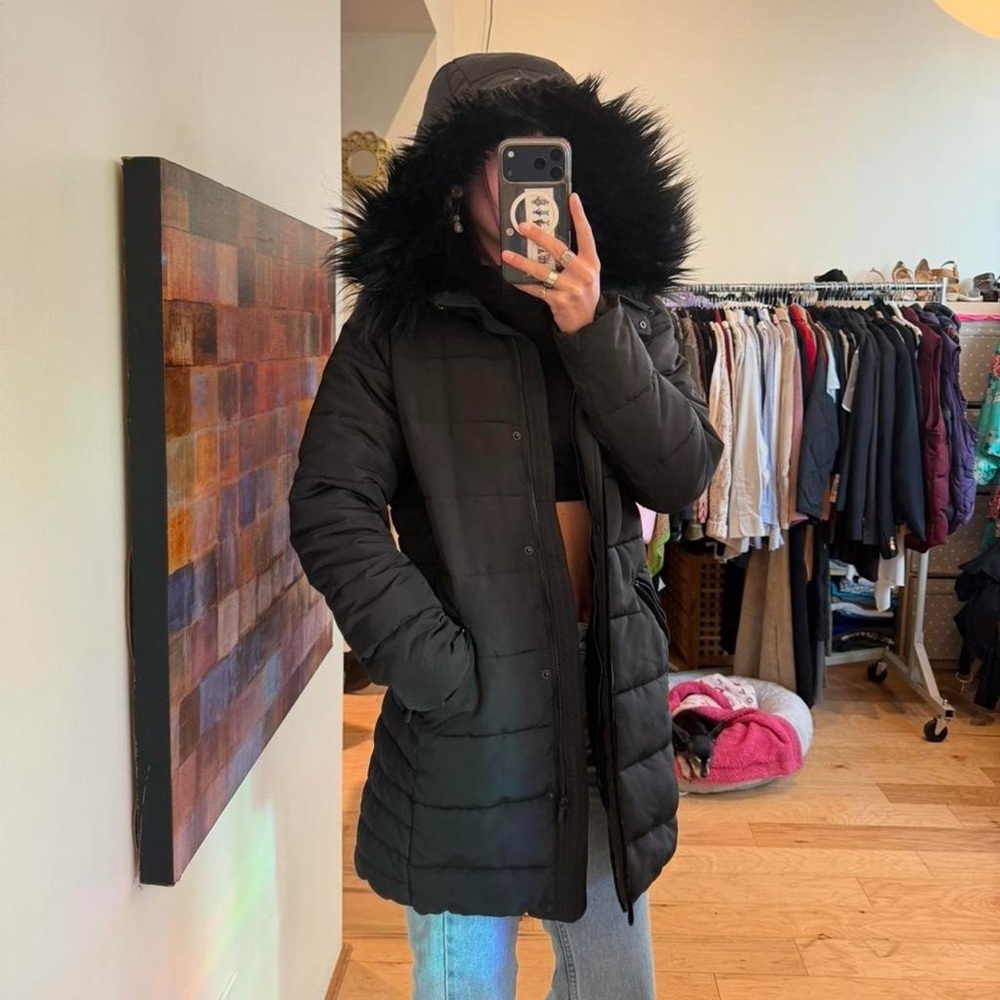 H&M Black Faux-Fur Hooded Puffer Coat